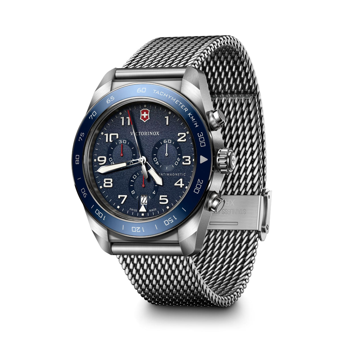 Victorinox Swiss Army Chronograph blue dial mesh bracelet watch 242049 watch full front view