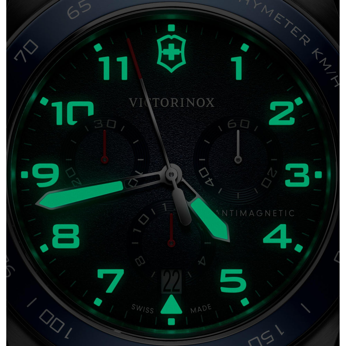 Victorinox Swiss Army 242049 Chronograph watch with intense green lume in dark environment