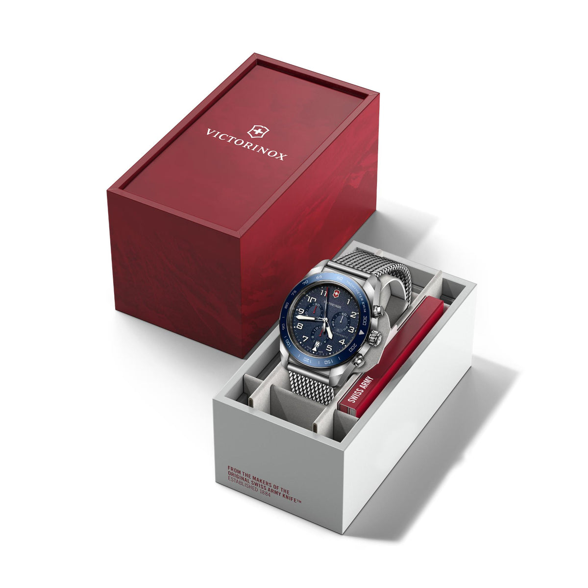 Victorinox Swiss Army 242049 watch displayed in premium red and white gift box packaging