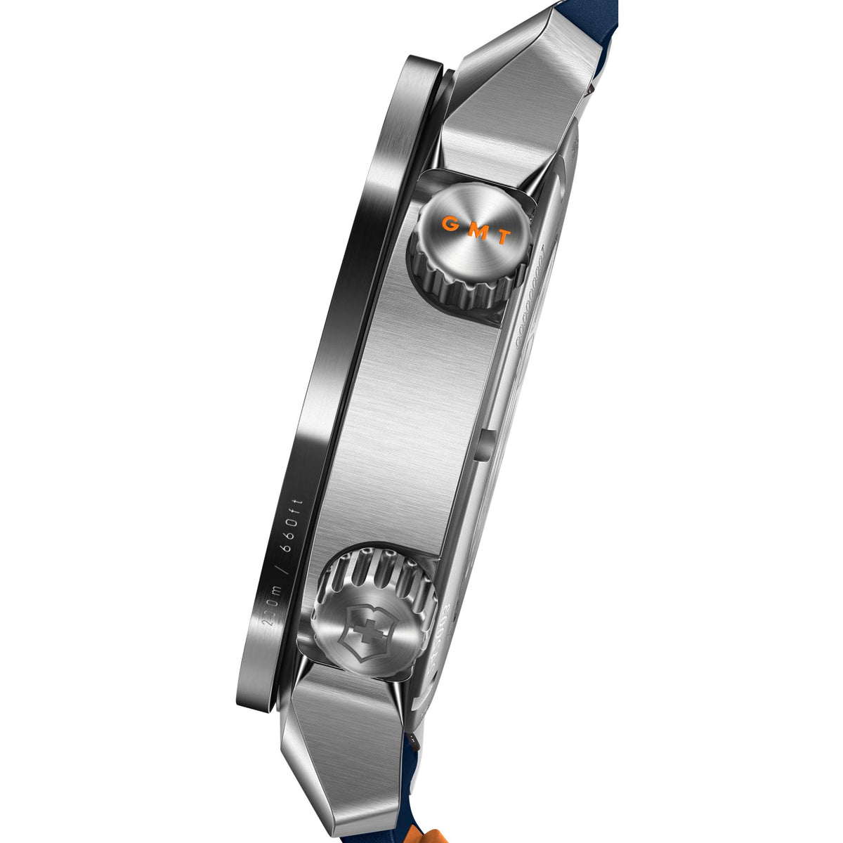 Victorinox Air Pro 242003 side view showing stainless steel case, GMT crown with orange GMT marking and 200m water resistance engraving