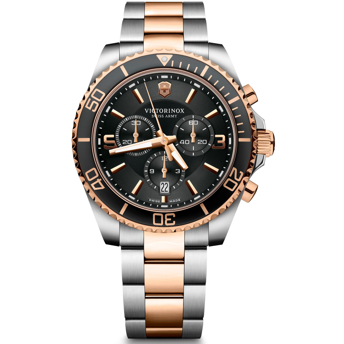 Men's chronograph watch with black dial, rose-gold bezel accents, and stainless steel bracelet