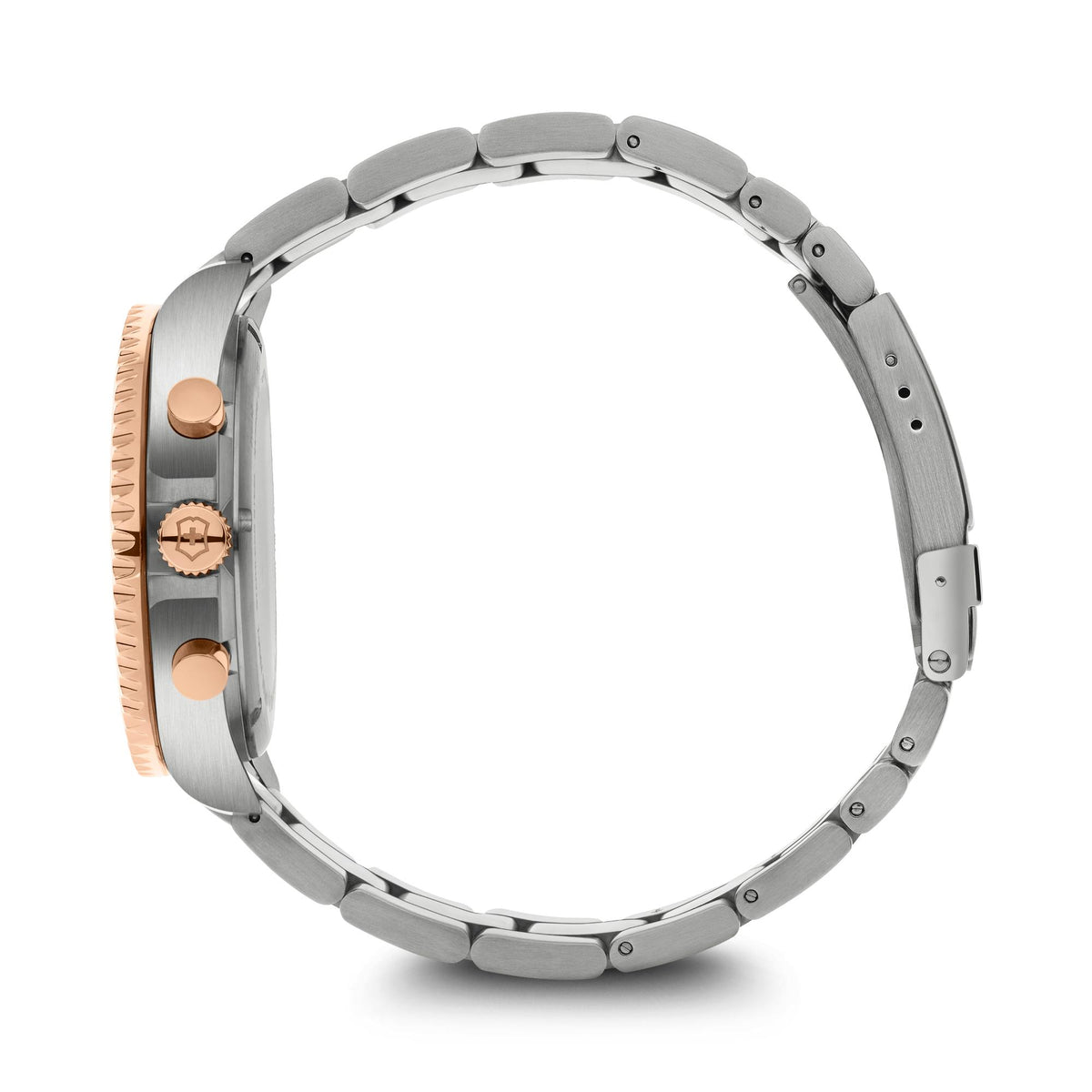 Stainless steel watch bracelet with rose-gold bezel accents and clasp with branding