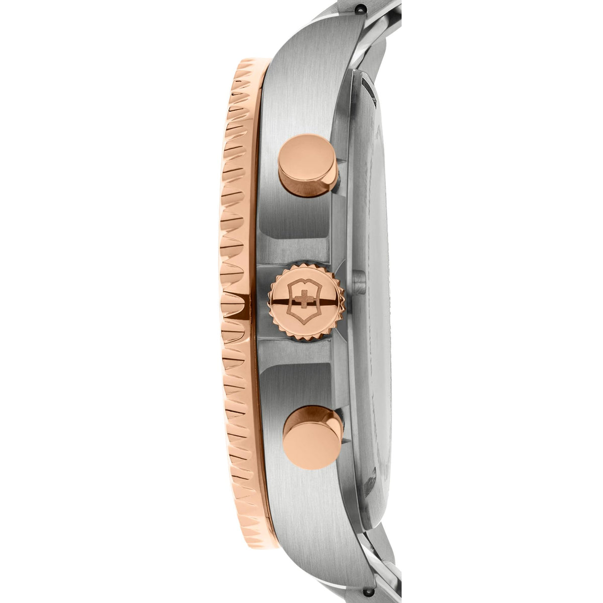 Side view of stainless steel case with rose-gold screw details and textured bezel edge