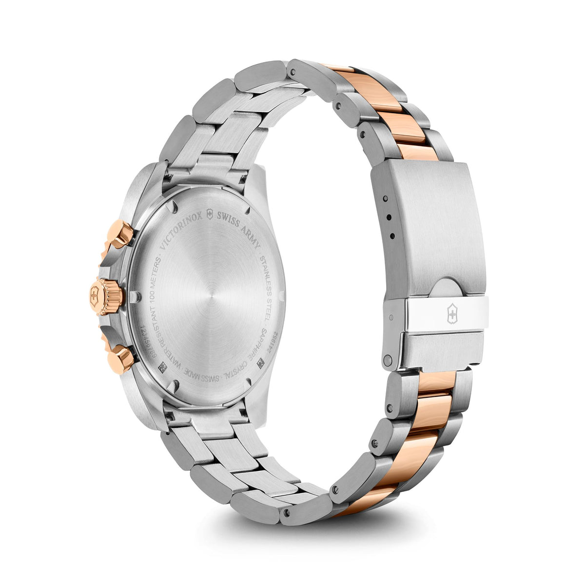 Back/side view of steel chronograph watch with rose-gold bracelet links and crown