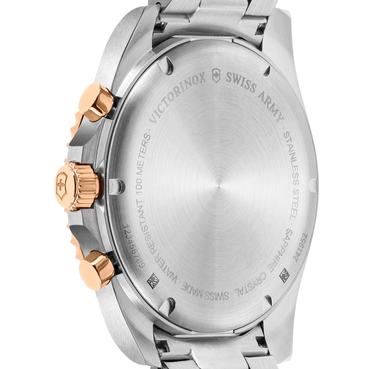 Watch caseback in brushed stainless steel with markings and water-resistance text