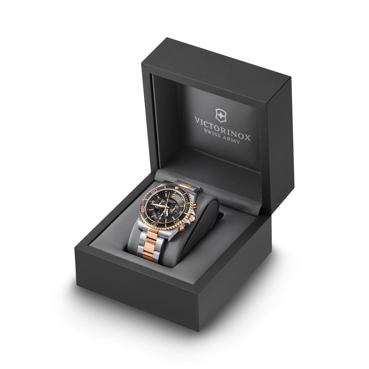Chronograph watch in black presentation box, black dial with steel and rose-gold accents