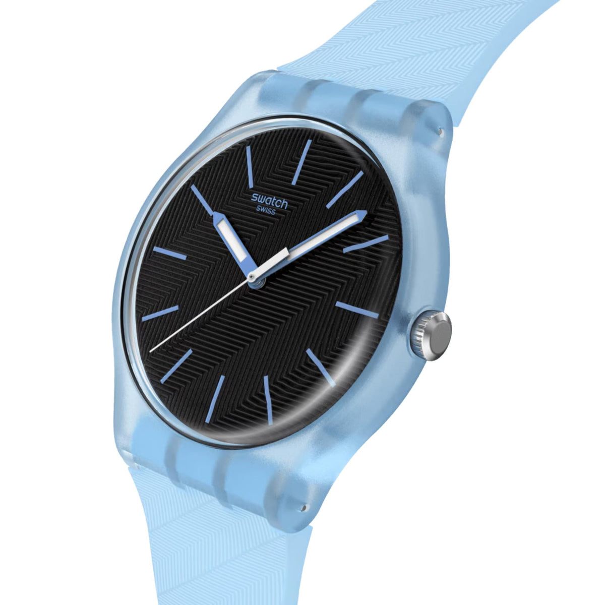 Blue silicone-strap quartz watch with black textured dial and silver crown