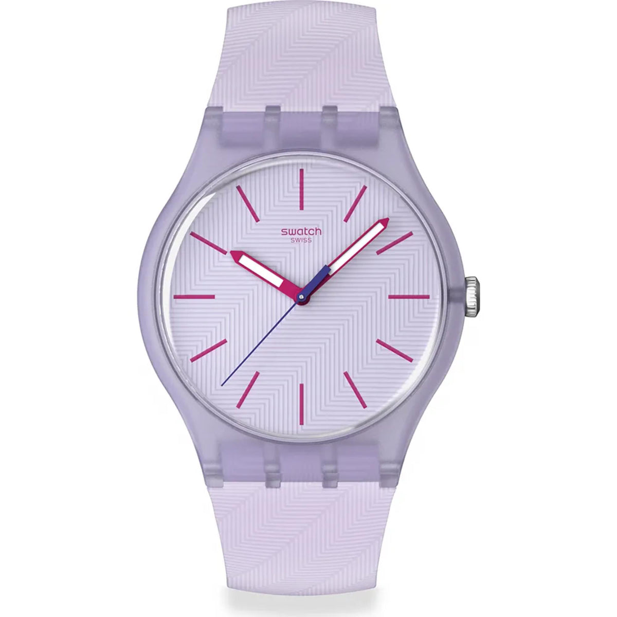 Lavendaze quartz watch with purple dial, lavender silicone strap, and red index marks