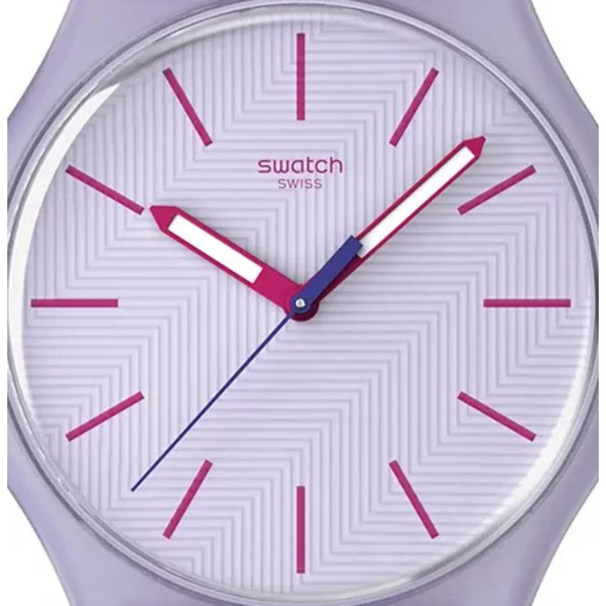 Lavendaze watch dial close-up with lavender geometric pattern and red hour markers
