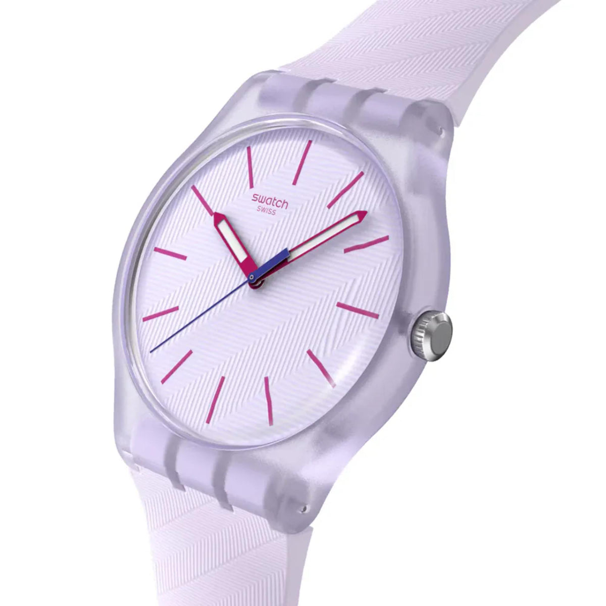 Lavendaze quartz watch angled view with lavender silicone strap and red-accent hands