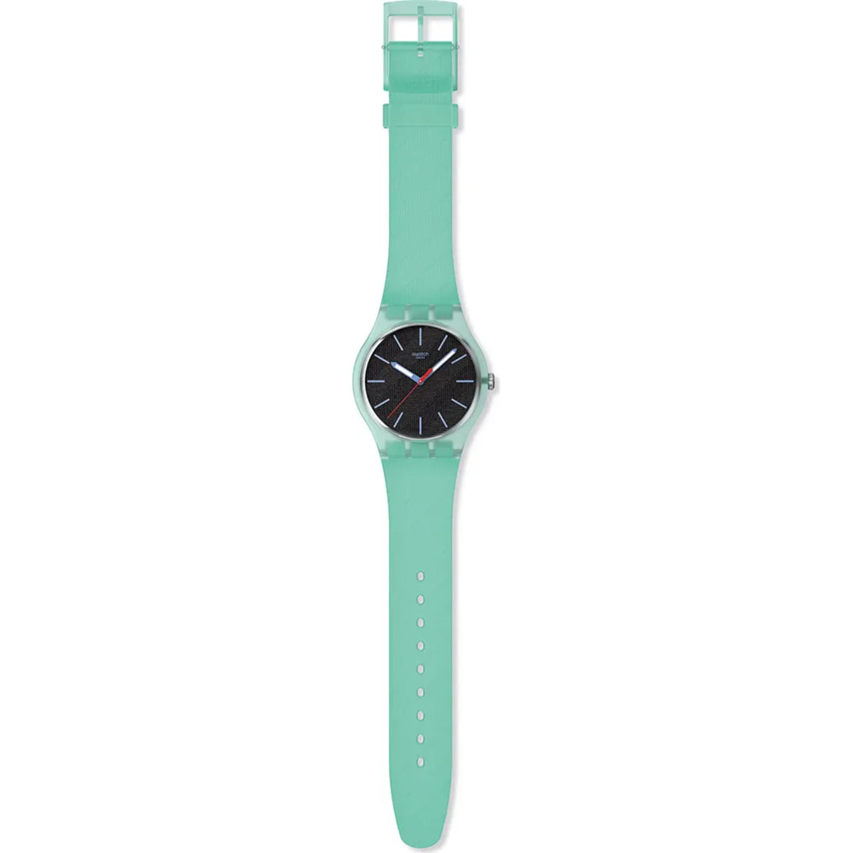 Teal silicone strap watch with black dial and silver-toned round case