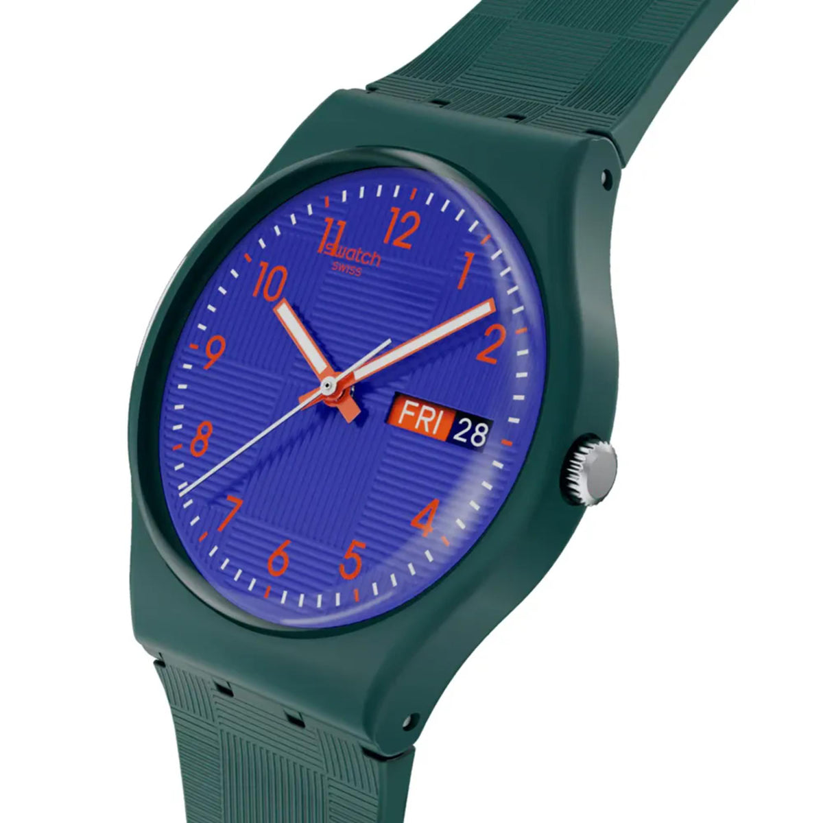 Green silicone strap Swatch watch with blue dial and date display