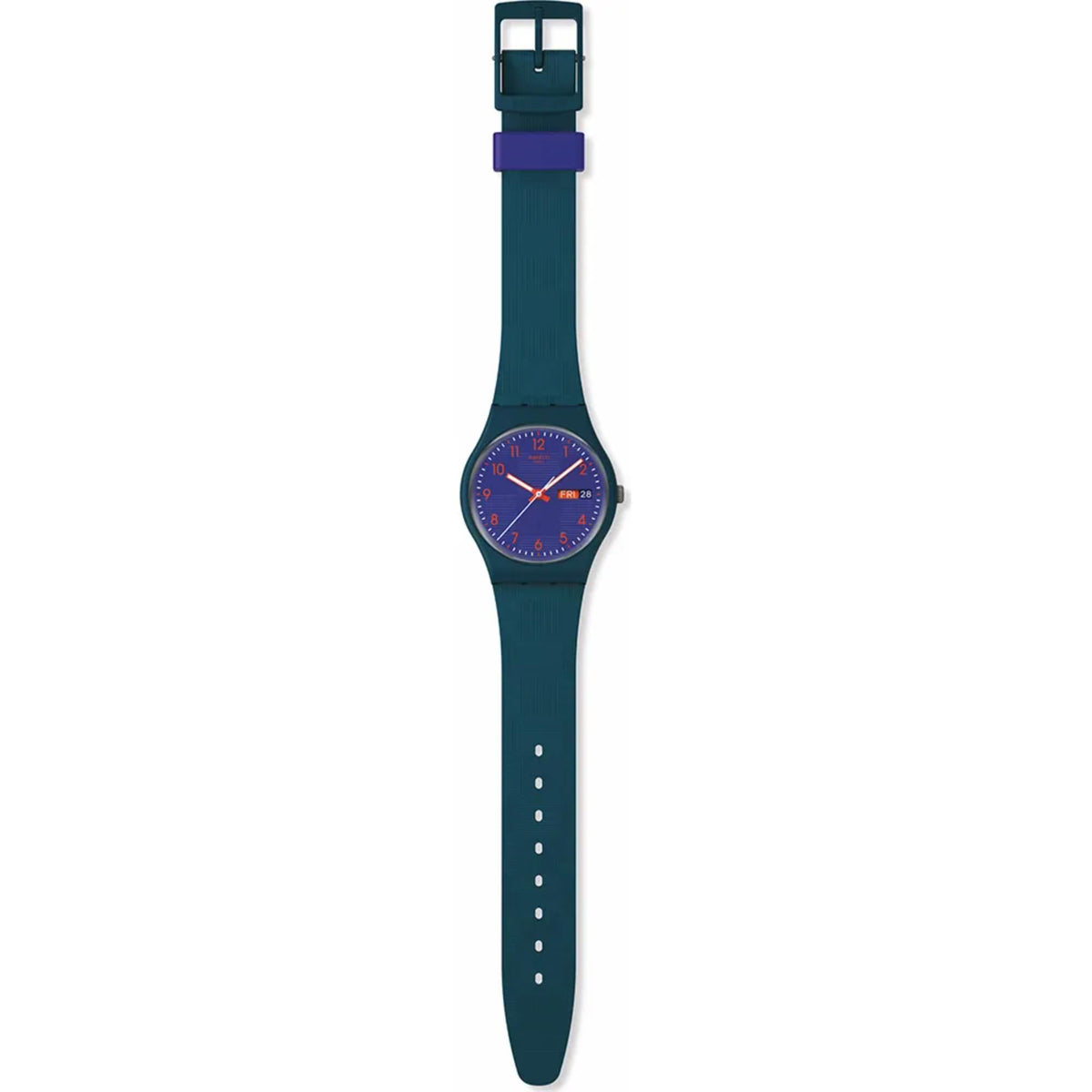 Swatch watch with dark blue silicone strap and round blue dial