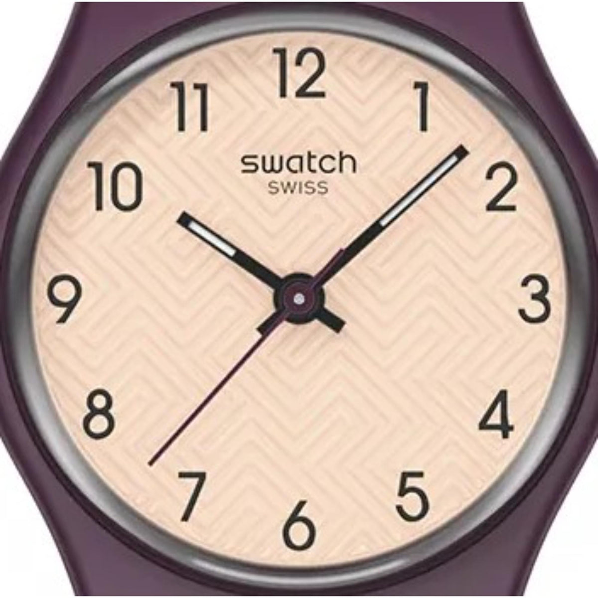 Swatch quartz watch face with beige dial, dark indices, and minute and hour hands