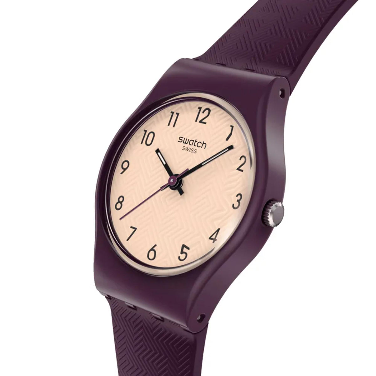 Swatch quartz watch with beige dial and dark purple silicone strap, side view