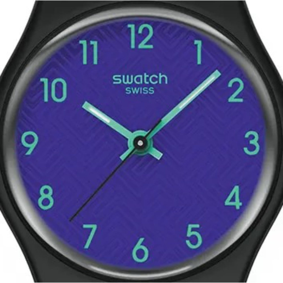 Blue dial Swatch quartz watch face with green hour markers and hands