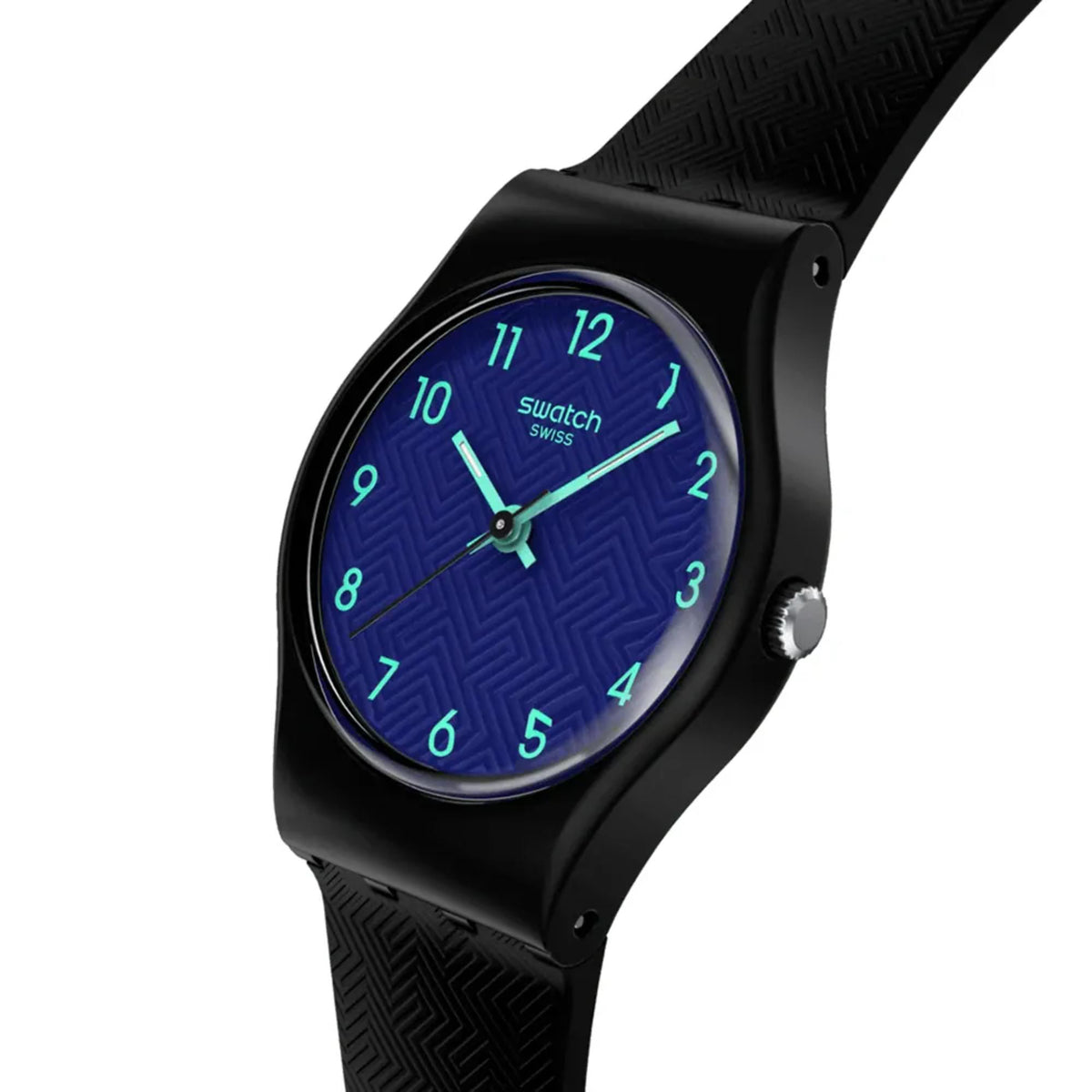 Black quartz watch with blue patterned dial and textured black silicone strap
