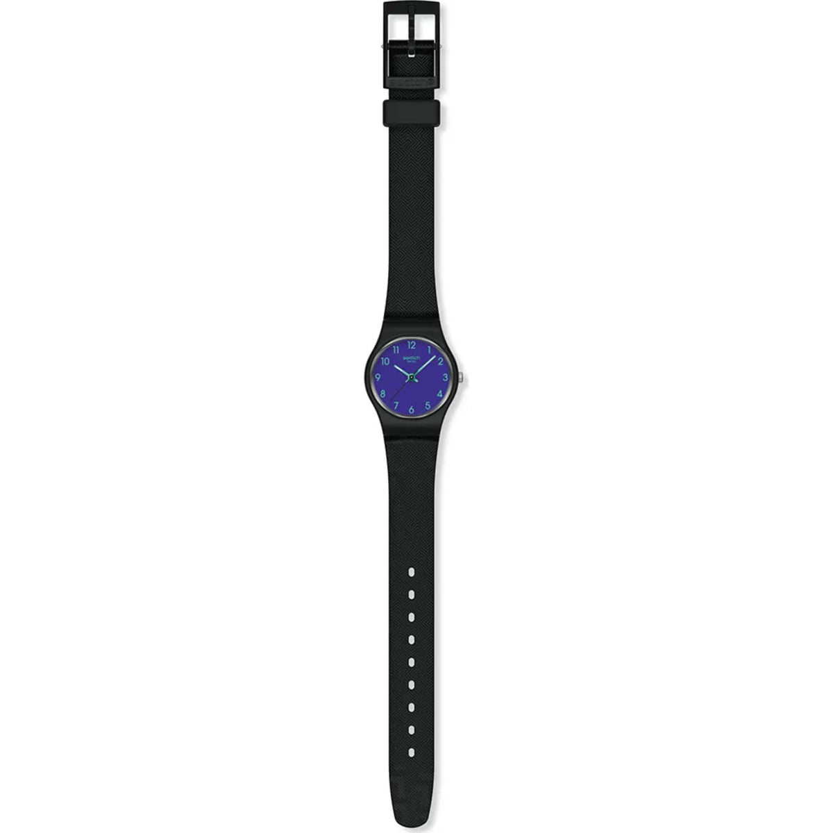 Black silicone strap quartz watch with blue dial, open buckle and clasp