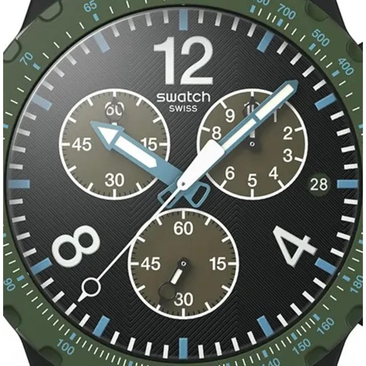 Swatch chronograph dial close-up, black face with blue hands and subdials