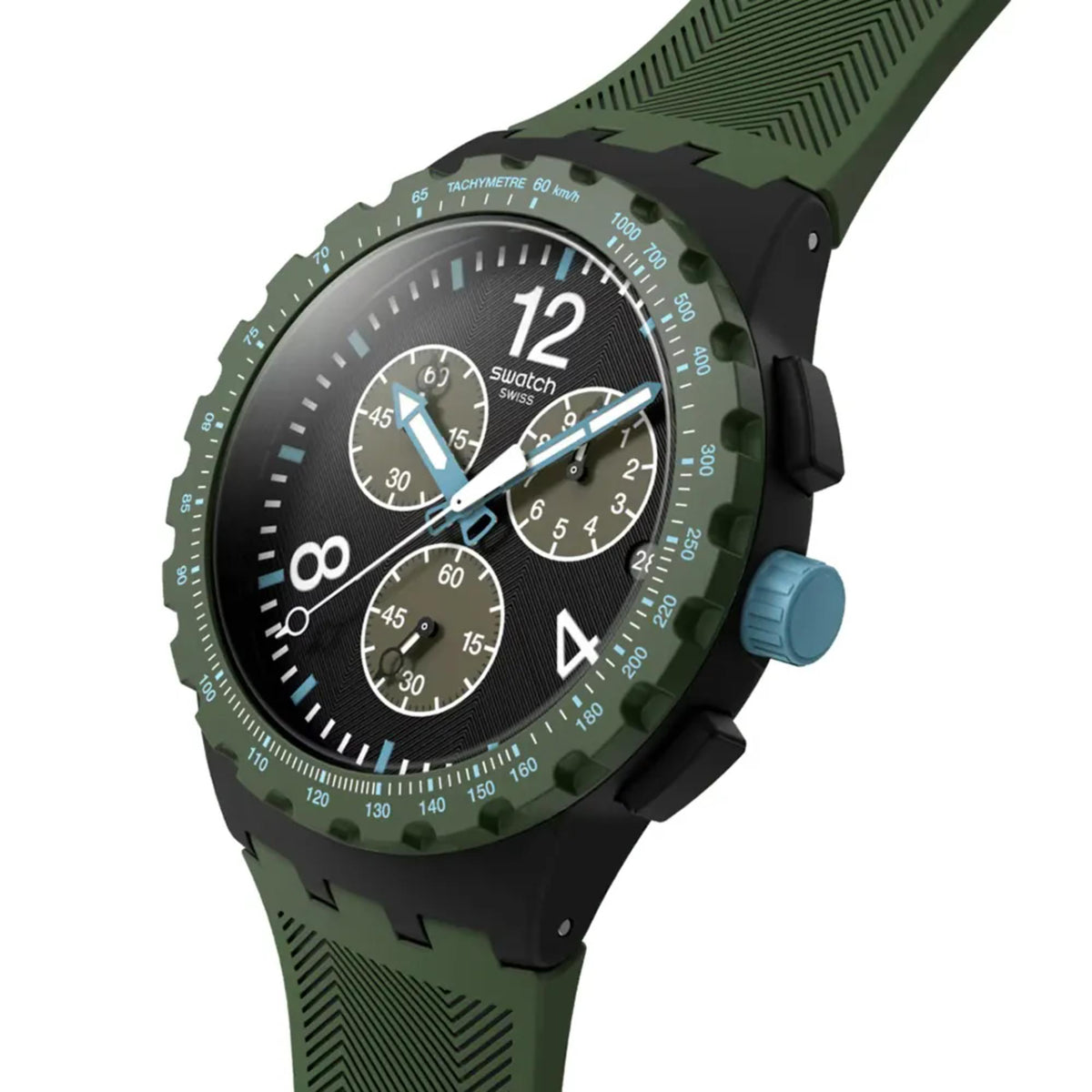 Olive green chronograph watch with black dial, multiple subdials, silicone strap