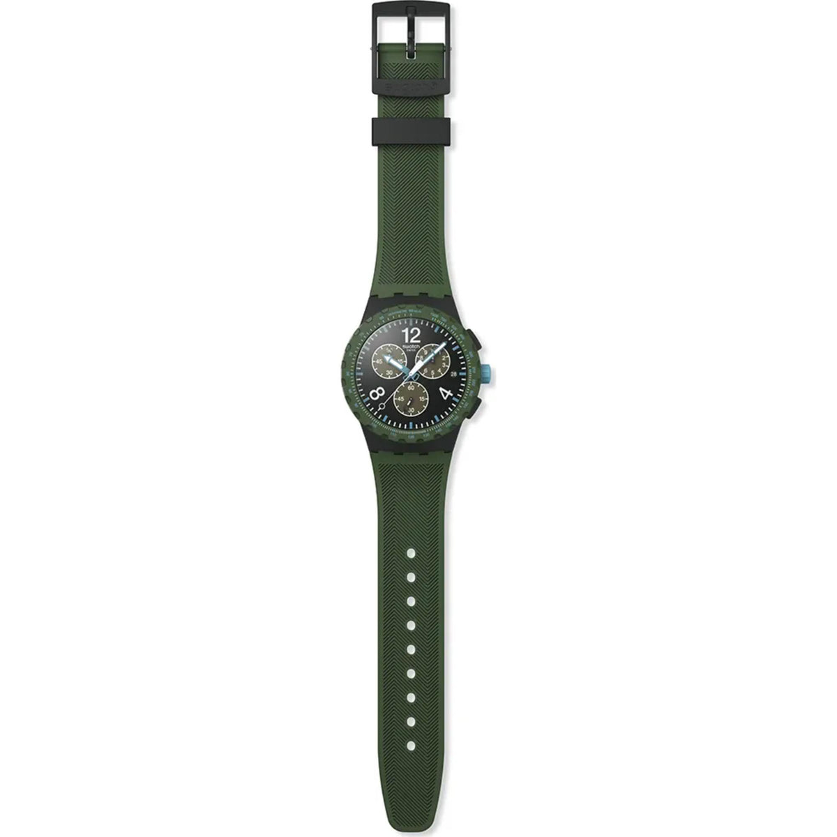 Chronograph watch with green silicone strap and black dial, clasp at top