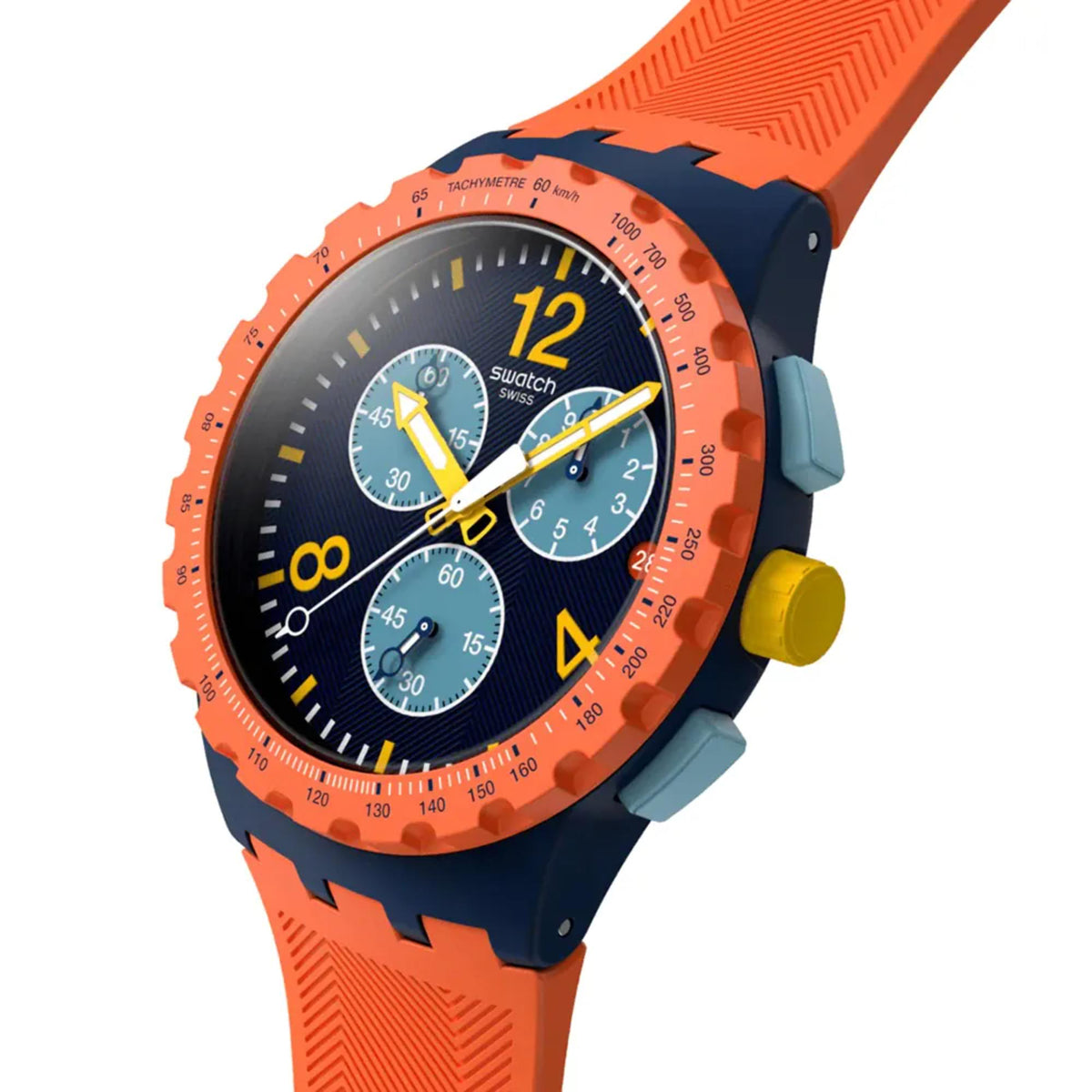 Swatch flash chronograph watch with orange bezel, blue dial, and orange silicone strap
