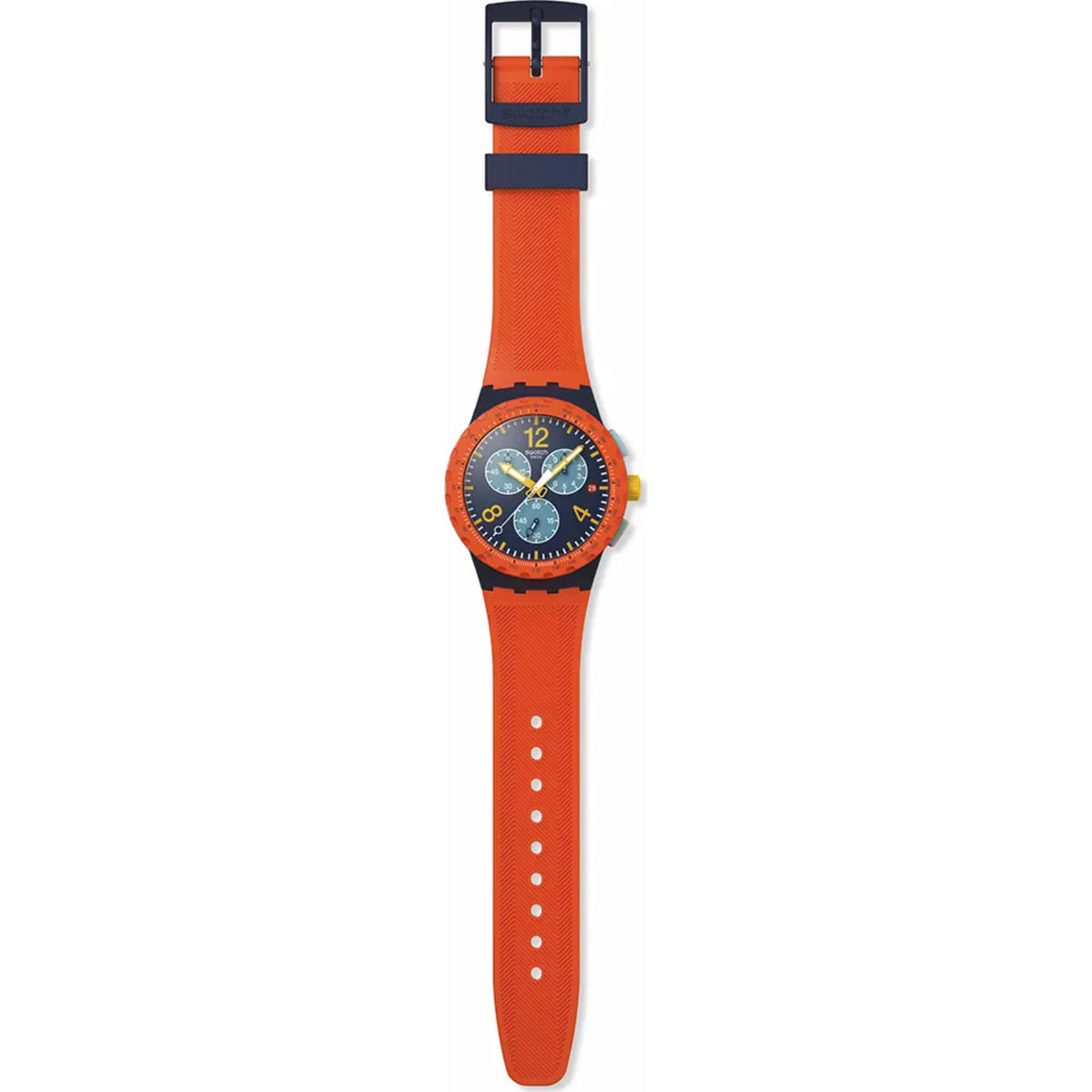 Swatch flash chronograph watch with orange silicone strap and blue dial on stand view