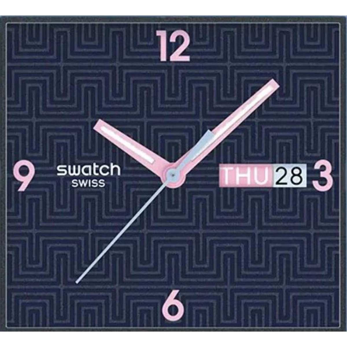 Blue patterned dial quartz watch showing pink hands and date display