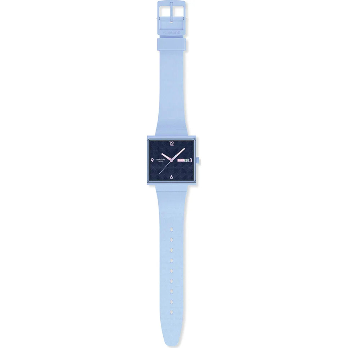 Square quartz watch with blue dial and light blue silicone strap, full view