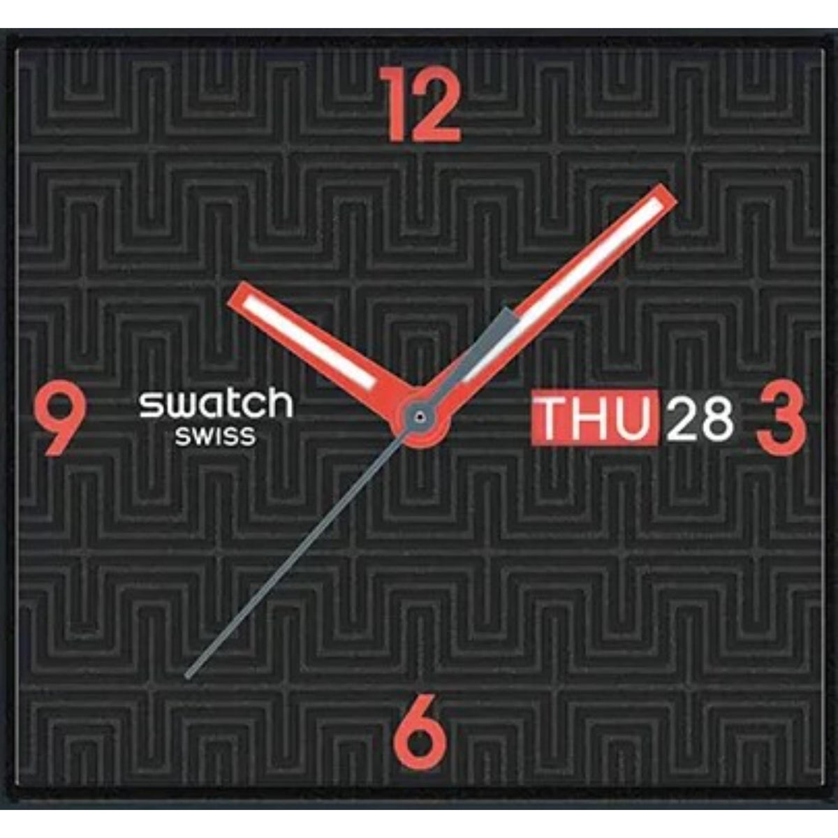 Black watch face with red numbers, red hands, and THU 28 day/date window