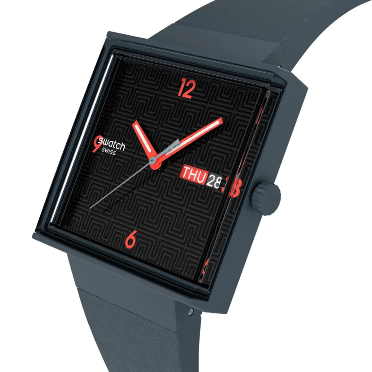 Square black dial quartz watch with red hands and THU 28 date, silicone strap