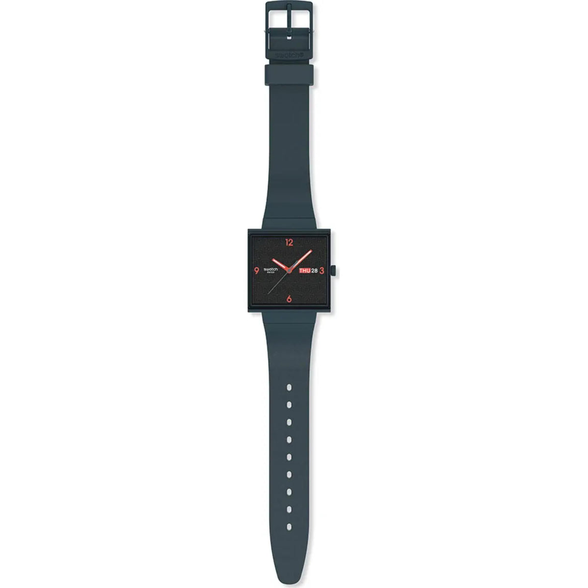 Square black quartz watch with red hands and THU 28 date on dark silicone strap