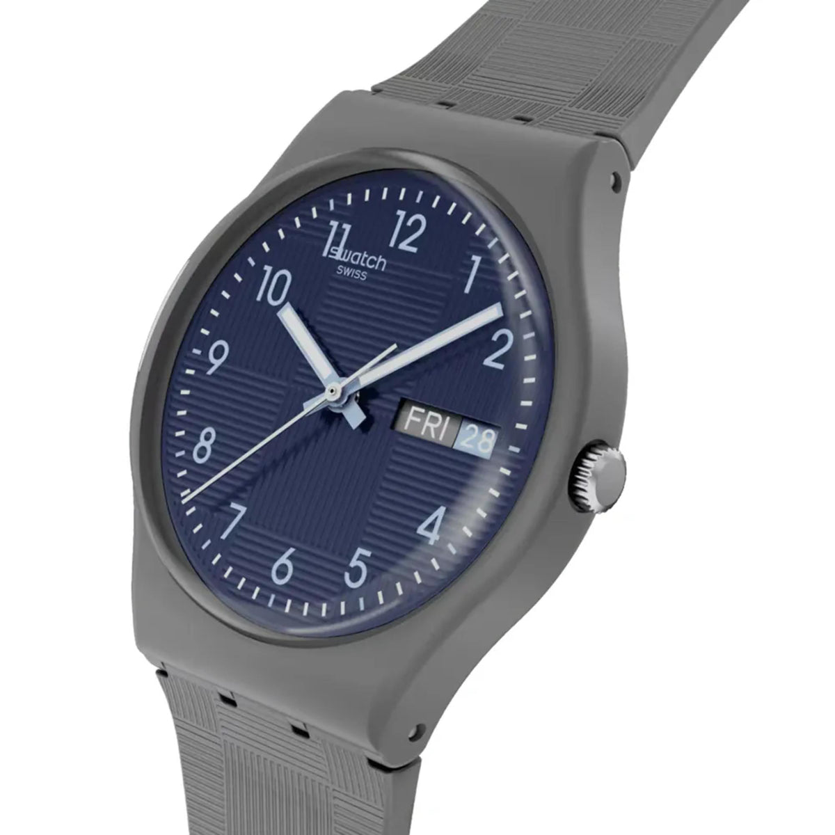 Analog quartz watch with dark blue dial and gray silicone band; crown on right side