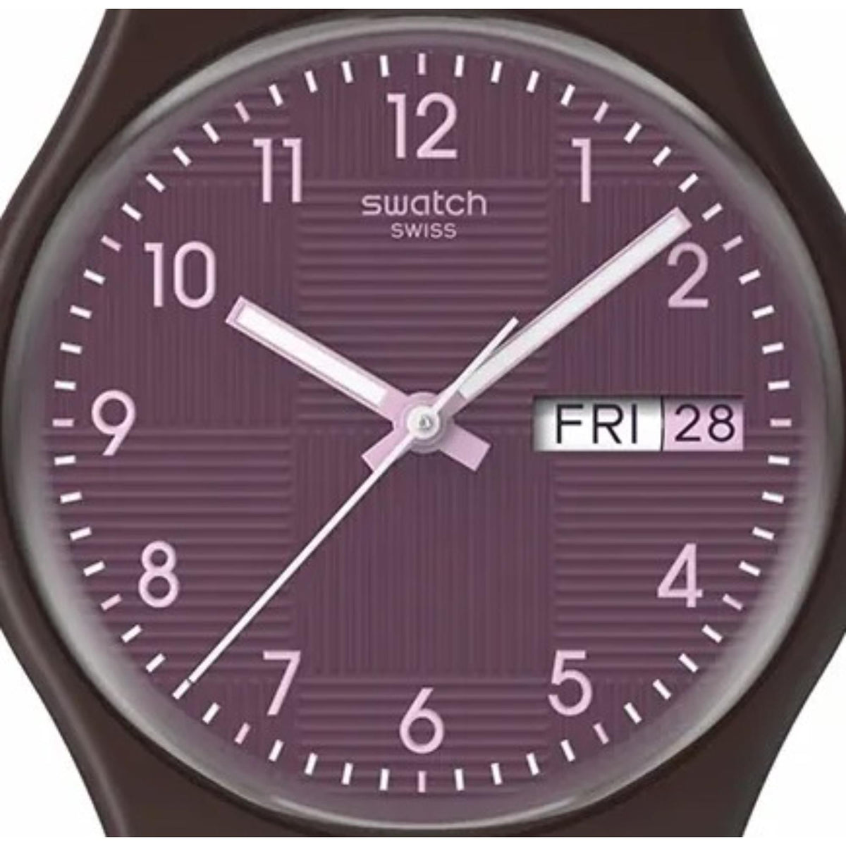 Quartz wristwatch face with purple dial, silver hands, and date window Fri 28