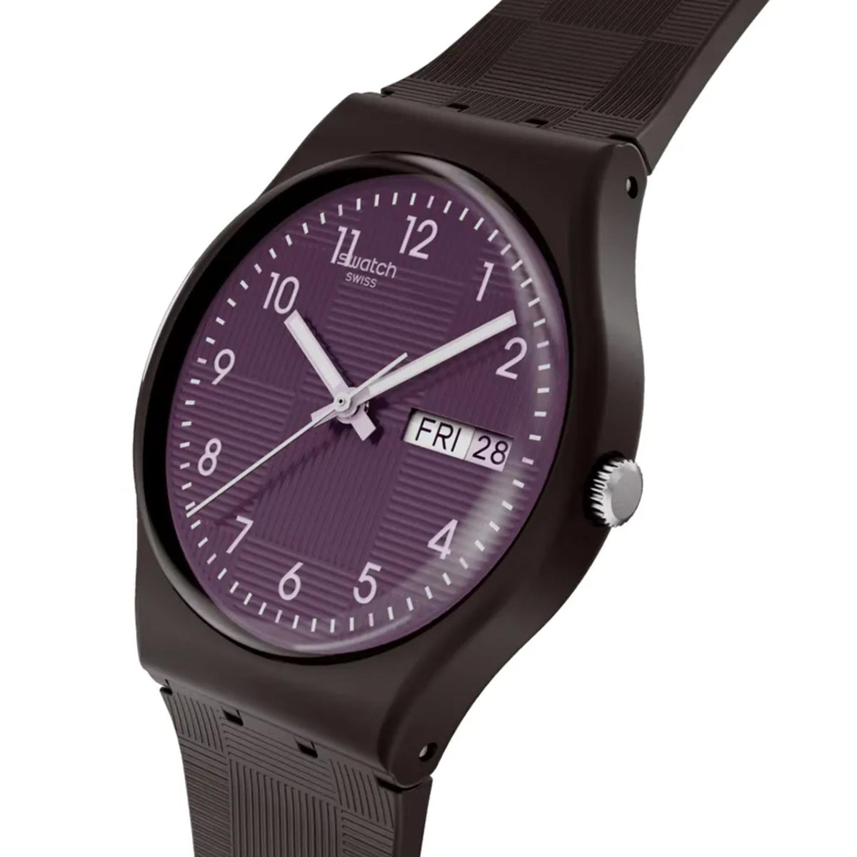 Purple dial wristwatch with dark case and textured dark silicone strap