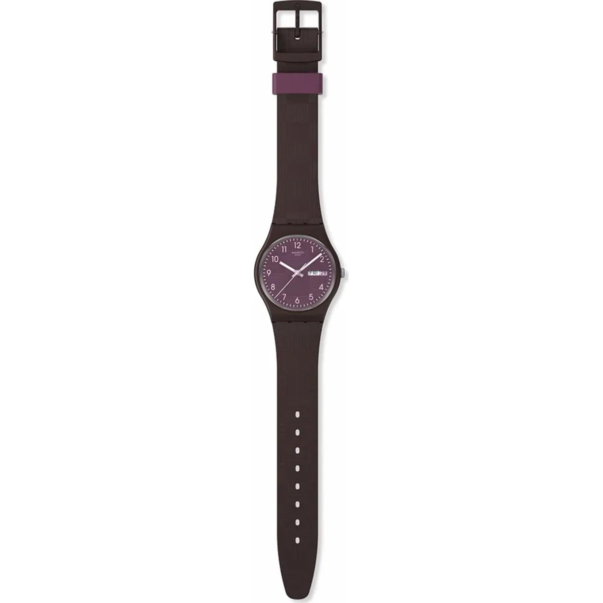 Purple dial watch with dark silicone strap and buckle clasp