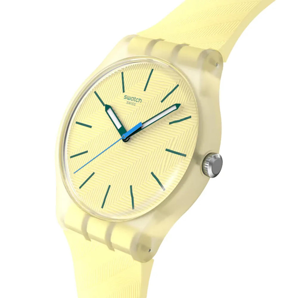 Yellow silicone strap quartz watch with round case, light yellow dial and teal hands