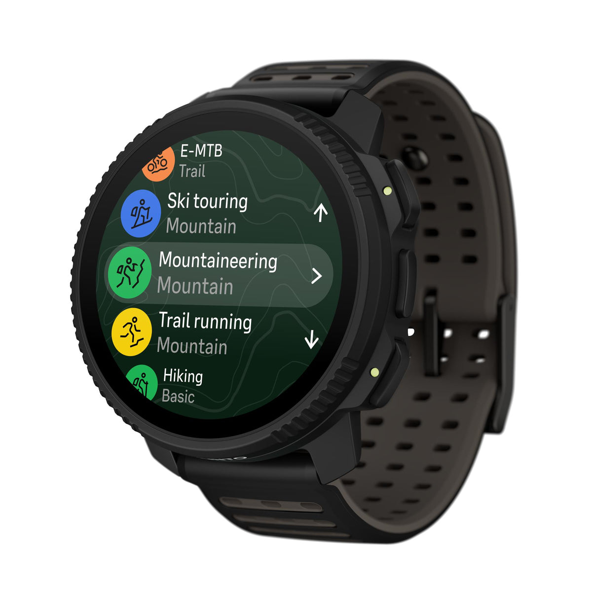 Suunto Vertical 2 All Black SS051204000 angled view presenting the outdoor sports mode menu on screen