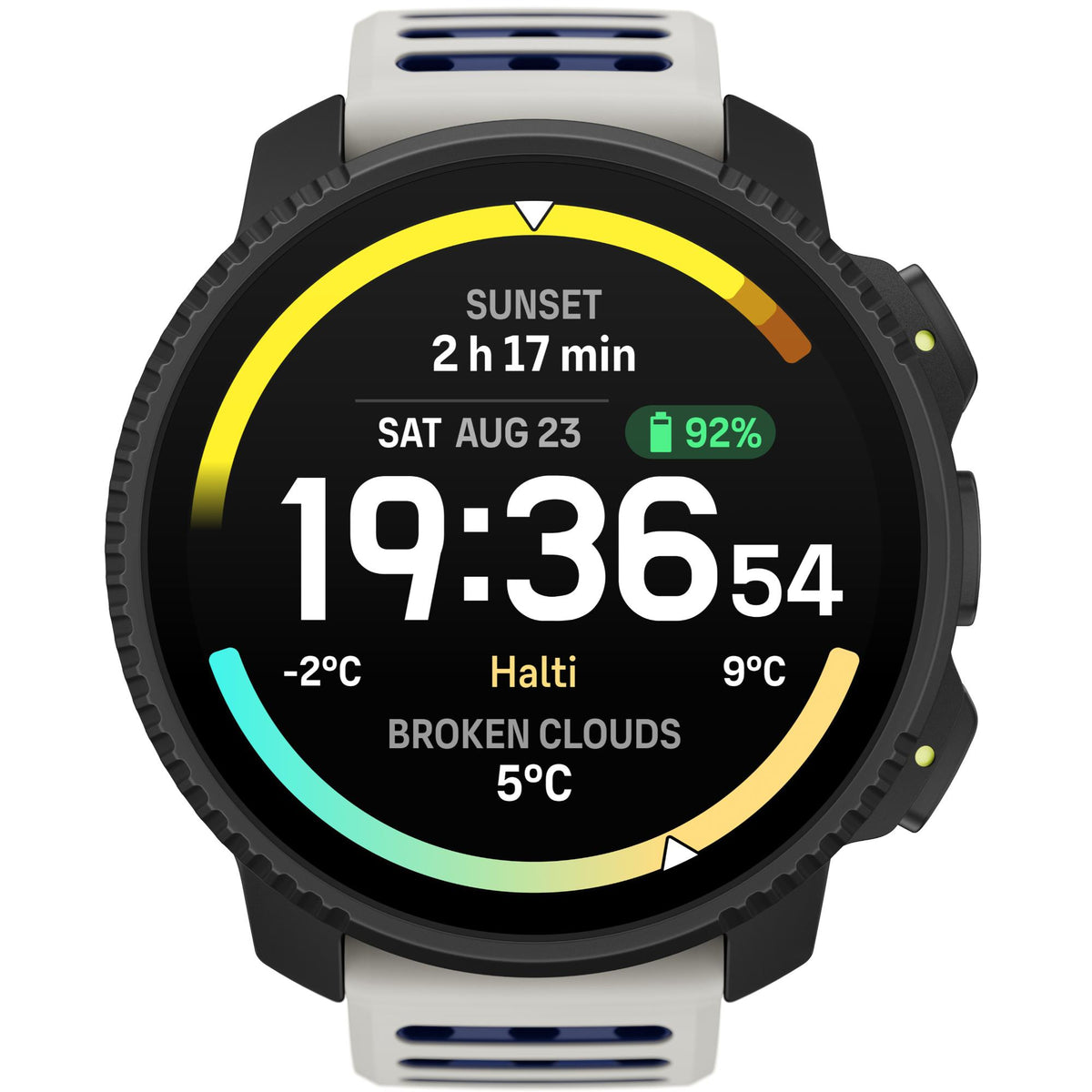 Suunto Vertical 2 SS051205000 front view displaying AMOLED digital screen with Arctic Gray silicone strap