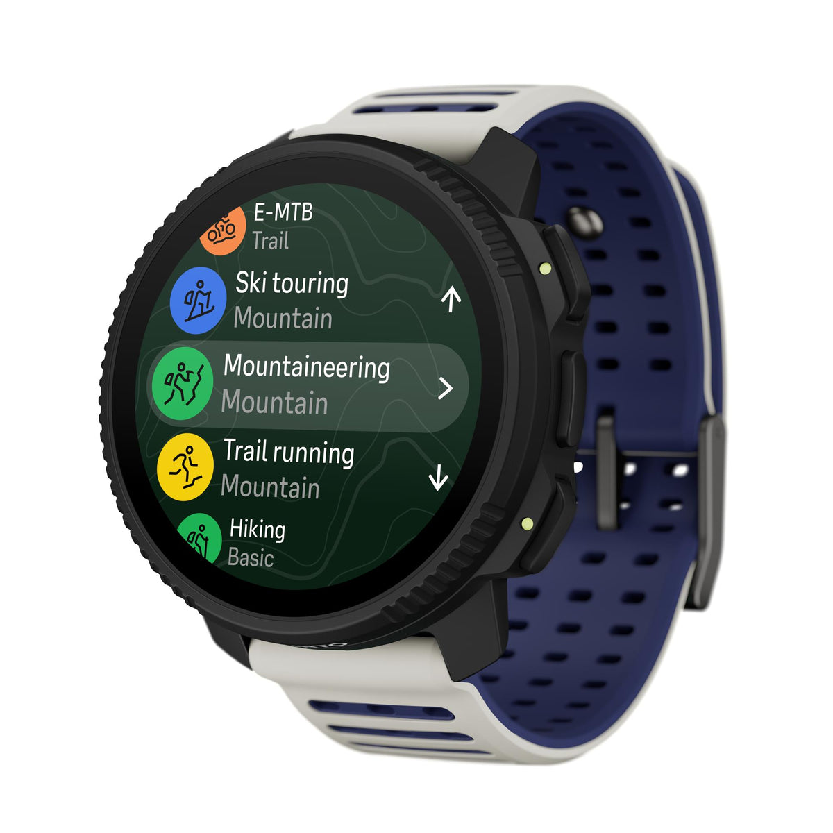 Suunto Vertical 2 SS051205000 angled view showcasing sport activity menu on screen with silicone strap