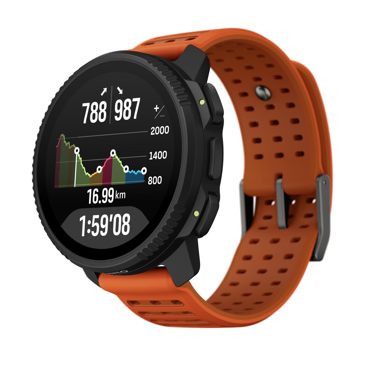 Suunto Vertical 2 Canyon SS051206000 AMOLED Digital Silicone Strap Smart Watch side angle displaying elevation profile screen