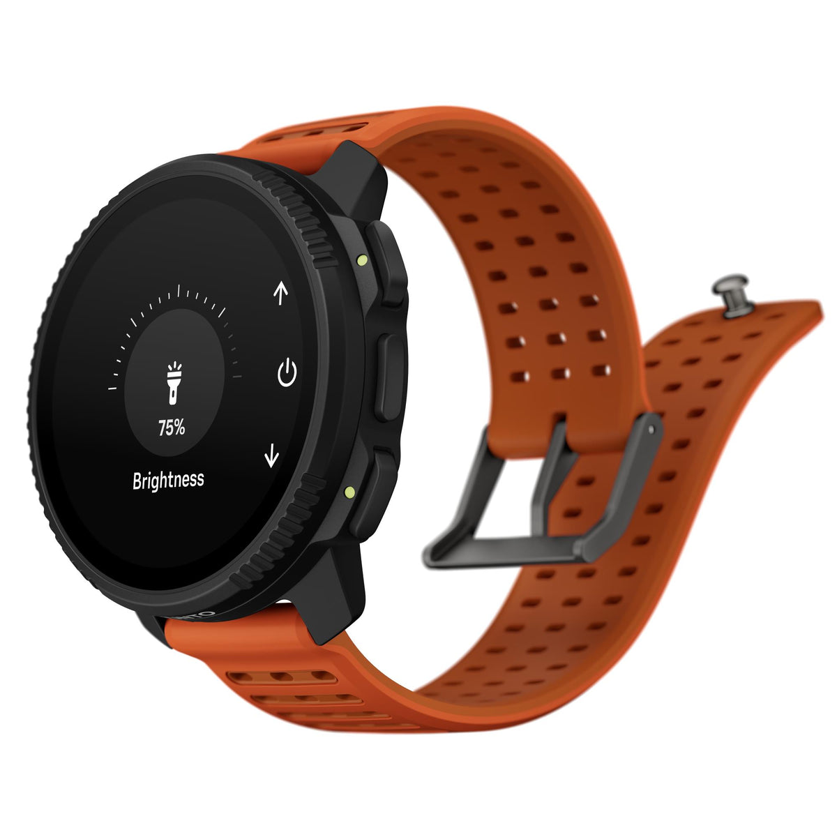 Suunto Vertical 2 Canyon SS051206000 AMOLED Digital Silicone Strap Smart Watch side view displaying brightness settings menu