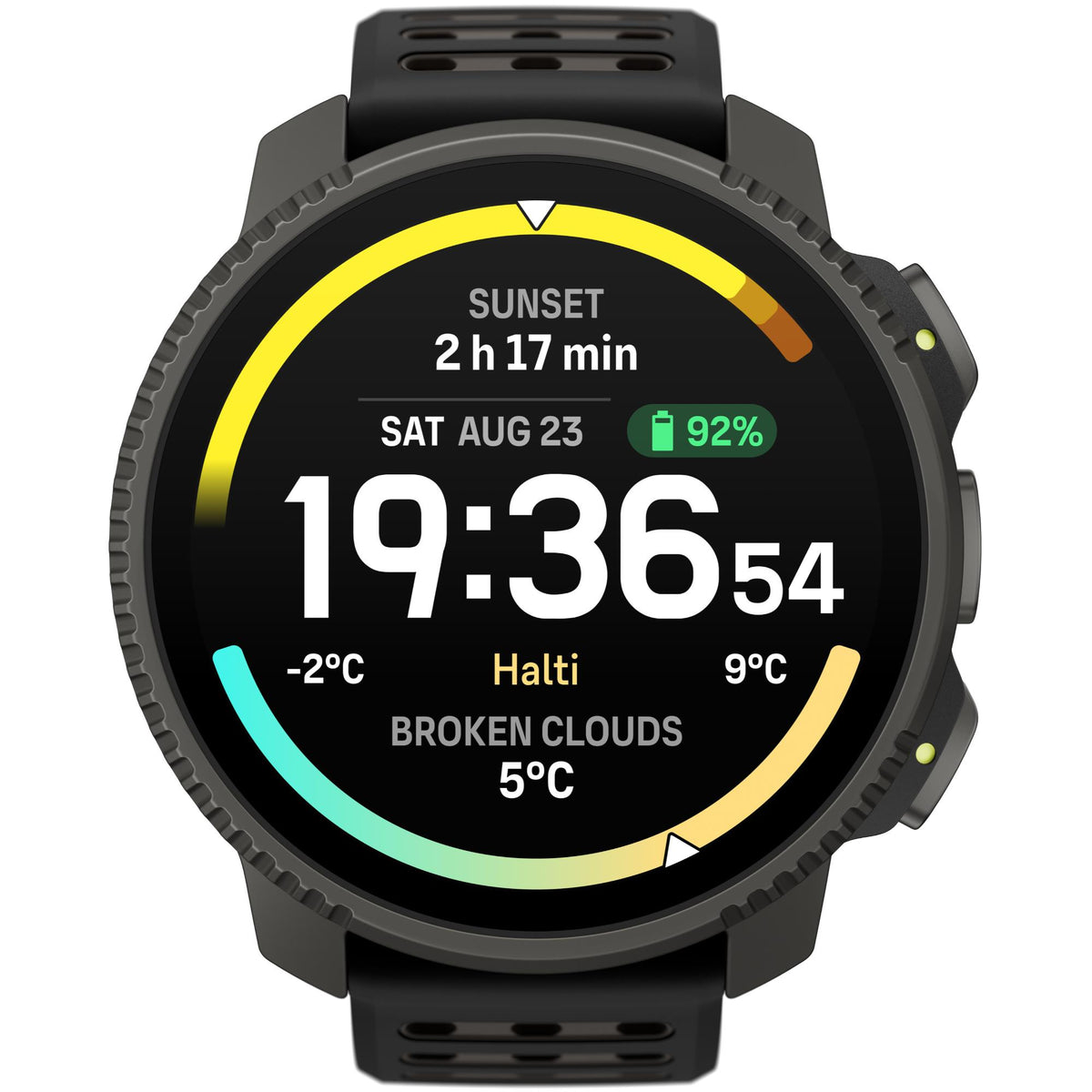 Suunto Vertical 2 Titanium Black SS051208000 front view displaying digital time interface screen with titanium bezel and silicone strap