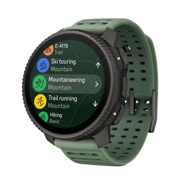 Suunto smartwatch with green silicone strap, black bezel, and activity menu on display