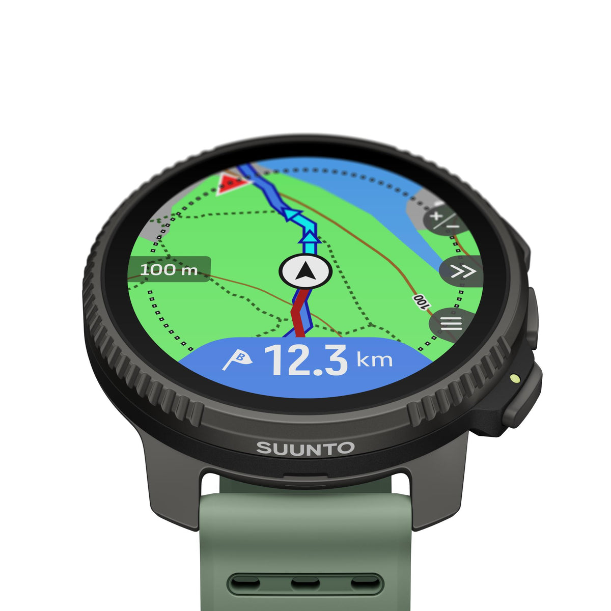 Suunto smartwatch with green silicone band showing route map and distance on screen