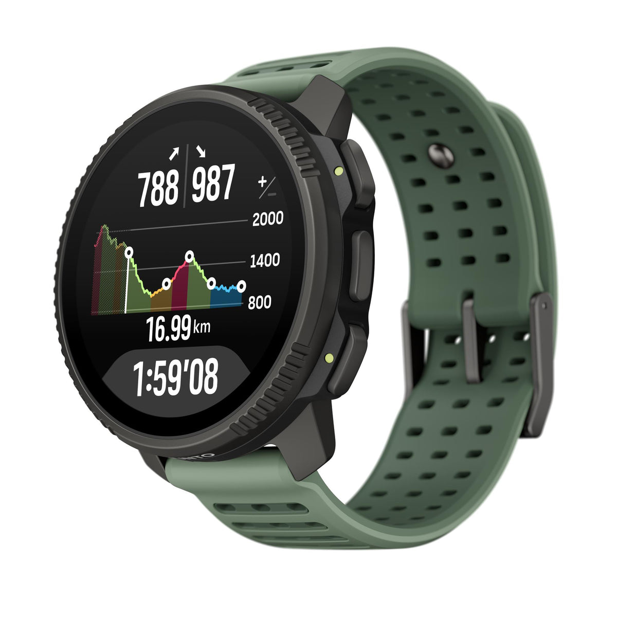 Suunto smartwatch with green silicone strap showing stats chart and elapsed time