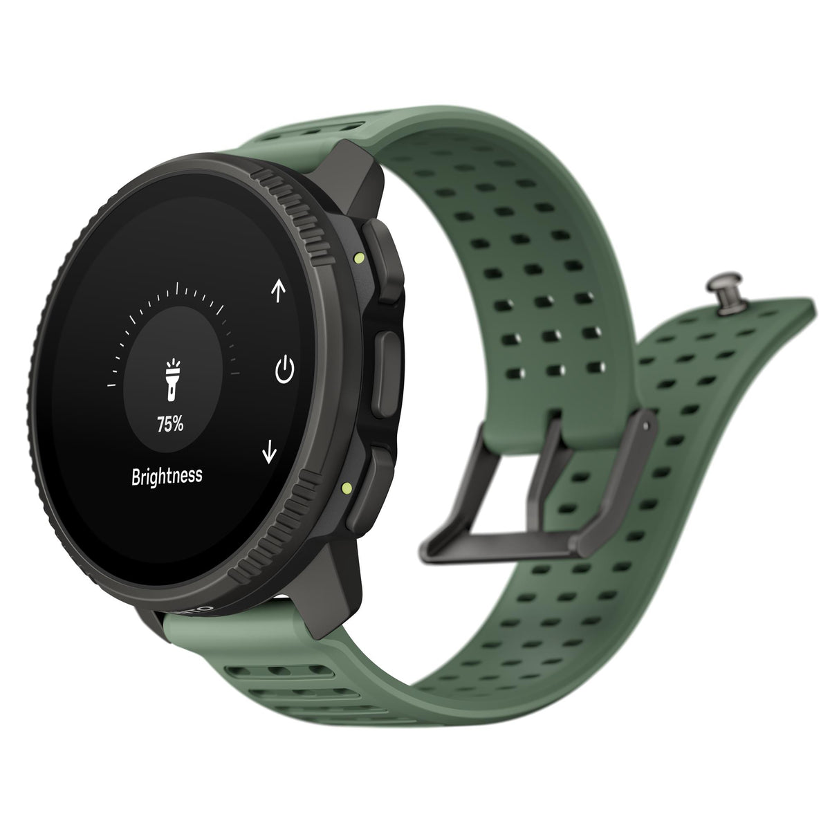 Suunto smartwatch with green silicone strap showing brightness control on screen