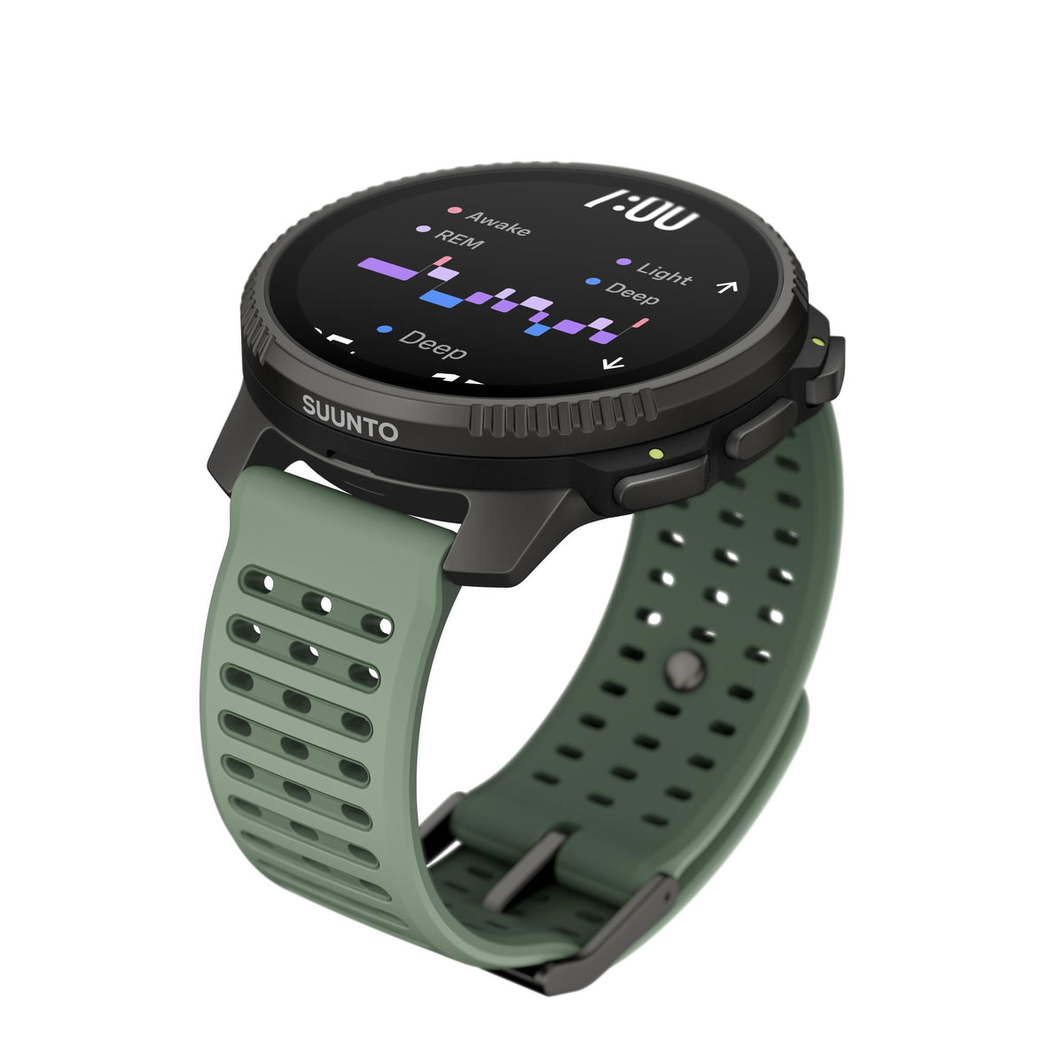 Suunto smartwatch with green silicone band and colorful depth-related display graphics