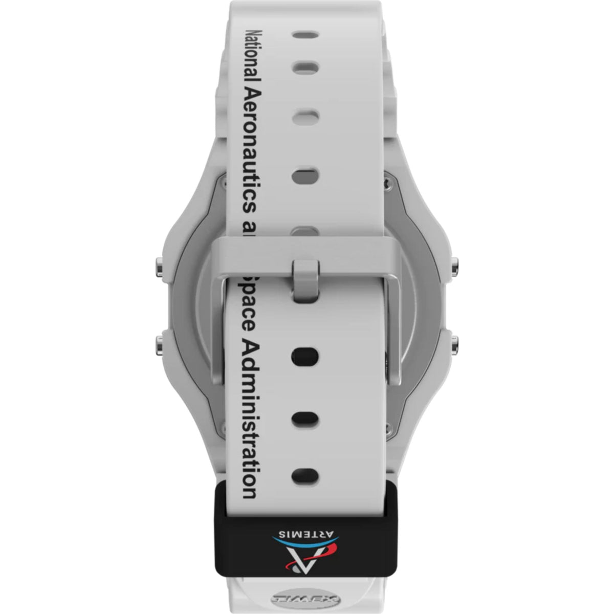 Timex digital watch back with vertical 'National Aeronautics and Space Administration' text