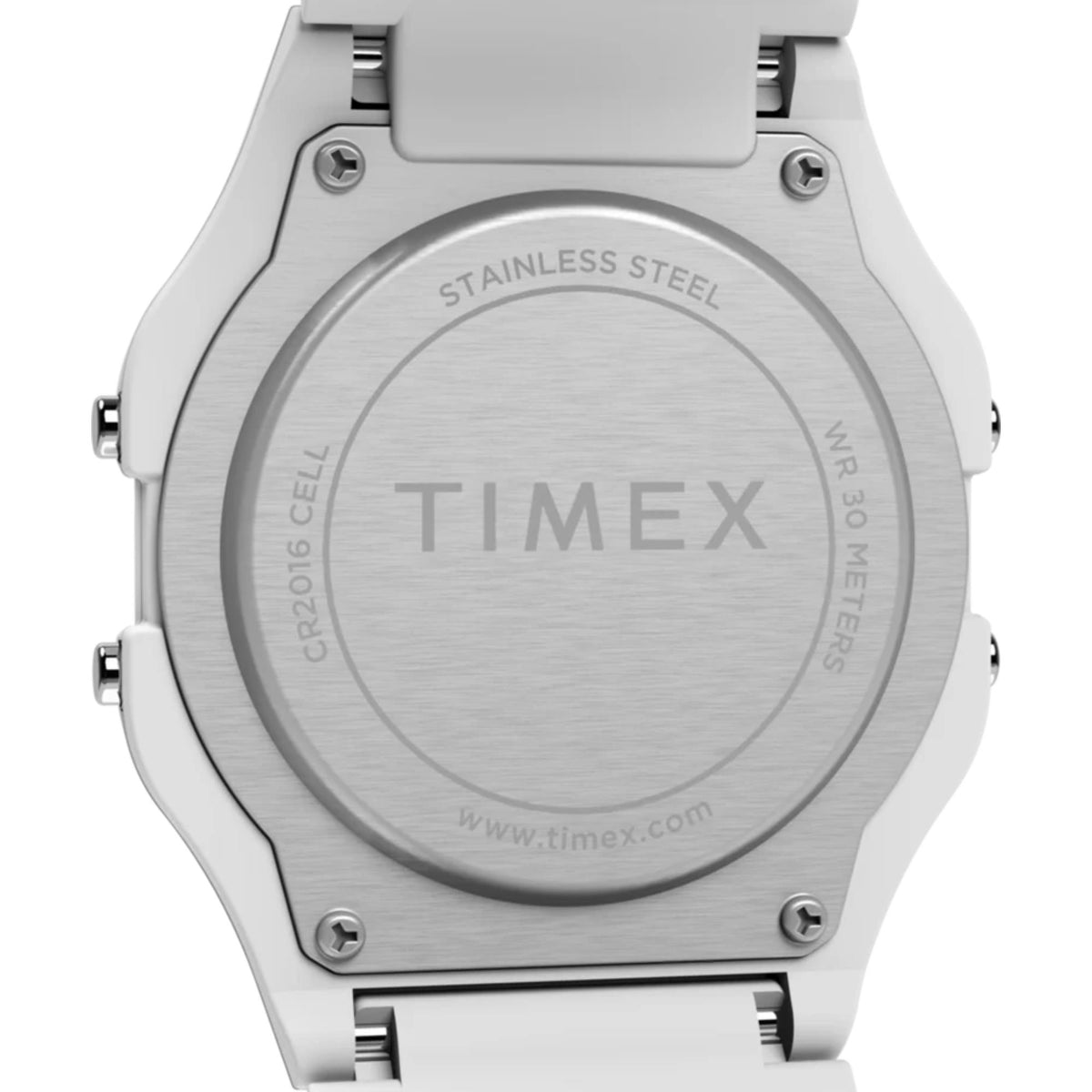 Timex stainless steel watch case back marked 'WR30 METERS'